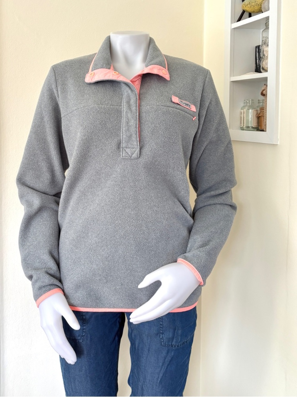 Columbia PFG Harborside light grey gray fleece pullover neon coral pink trim